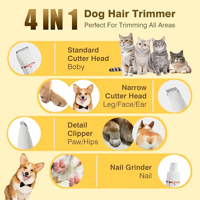 Petium 4-in-1 Dog Grooming Clippers Kit-Quiet Dog Nail Grinder & Paw Trimmer,USB-C Rechargeable Cordless Low Noise IPX4 Waterproof Pet Clippers for Small Dogs & Cats,6 Guide Combs