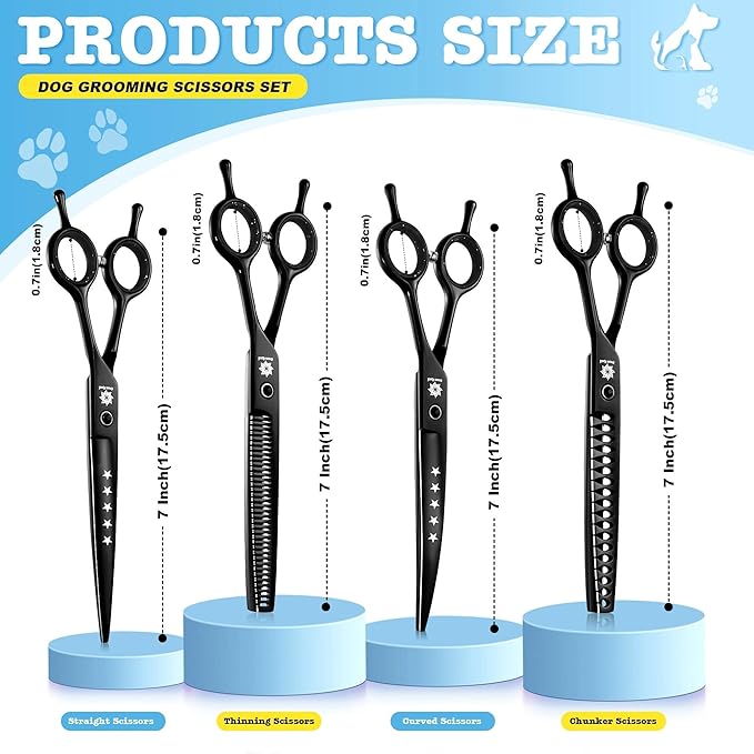 Dream Reach Dog Grooming Scissors - 7 Inch Professional 6 in 1 Pet Grooming Kit Sharp and Durable Shears Set Thinning, Chunker, Straight, Curved Shears and Comb for Dog Cat Pet, Black