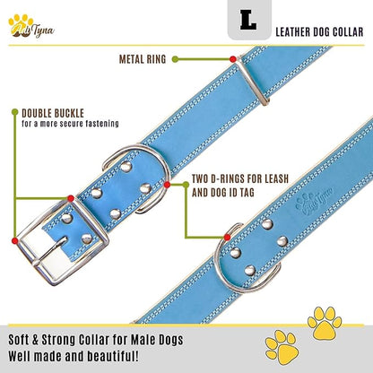 ADITYNA Heavy-Duty Leather Dog Collar for Large Dogs - Soft Padded for Comfort - Blue Dog Collar for Walking, Training, and Hiking