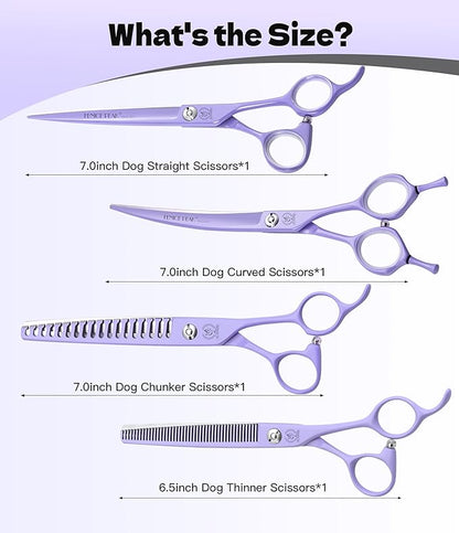 Fenice Peak 7" Professional Dog Grooming Scissors Set, Japanese 440C Stainless Steel Straight Thinning Curved Chunker Shears for Pet Grooming, Trimming Face, Paws, Violet
