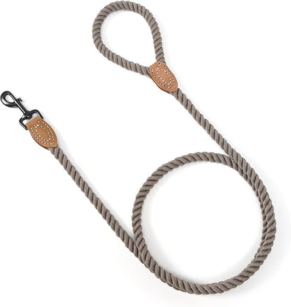 Mile High Life Dog Leash, Braided Cotton Rope Leashes with Leather Tailor Tip with Leather Tip - Heavy Duty Metal Clasp, 5FT, 1/2" Thick - Wedding, Walking Leash for Medium Large Dogs(Camel)