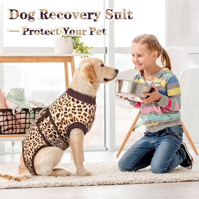 Kuoser Recovery Suit for Dogs, Dog Recovery Suit Female Doggie Onesie for Surgery, Post-Op Onesie for Female & Male Dogs, Soft Protective Wear, BrownLeopard M