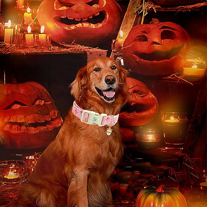 Elegant little tail Halloween Dog Collar, Skull Print Pink Halloween Pet Collars Cotton Soft Sturdy Puppy Collars Holiday Female Adjustable Collar for Medium Dogs