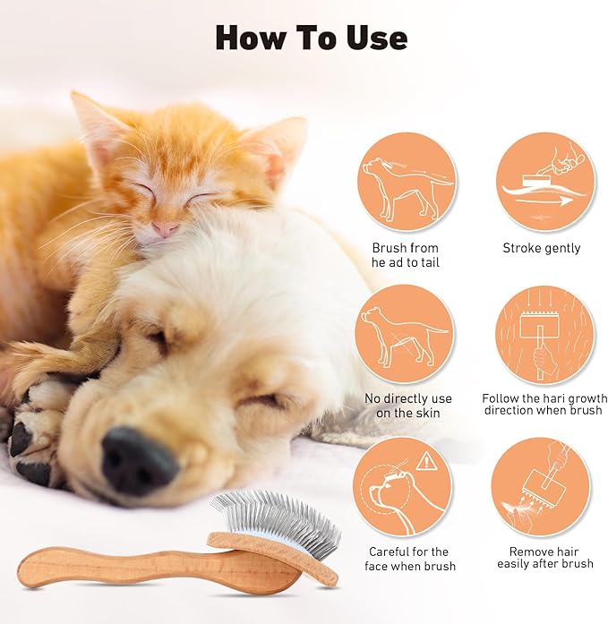 Dog Slicker Brush & Stainless Steel Comb Set for Shedding & Grooming Medium & Large Long or Thick Coated Dogs, Doodles & Cats, 1 Inch Pin Slicker Brush with Ergonomic Wooden Handle, Oak