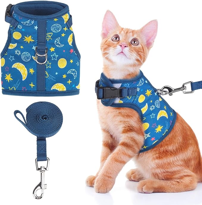BINGPET Cat Harness with Leash Escape Proof - Fashionable Mesh Cat Dog Walking Harness Leads, Adjustable for Kitties Puppies Small Animals,Galaxy,M
