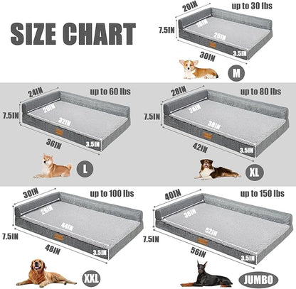 Patas Lague Orthopedic Dog Bed Large Sized Dog 36''X24'', Waterproof L Bolster Medium Pet Sofa Beds with Removable Washable Cover, Soft Comfortable Pet Couch Crate Mat with Nonskid Bottom, Grey