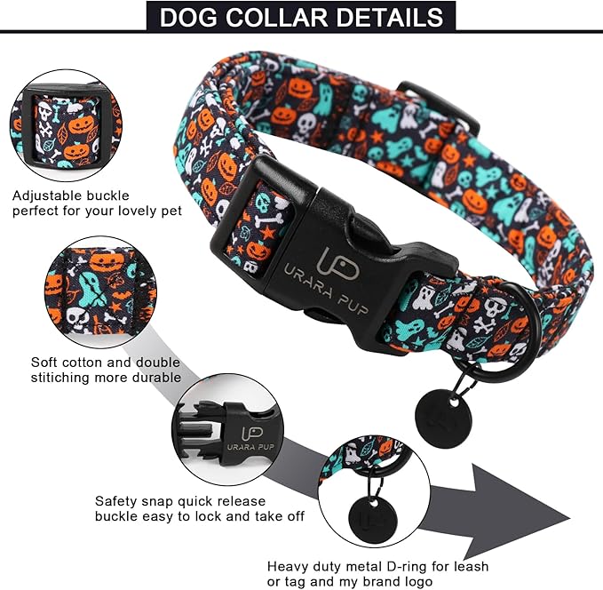 Halloween Dog Collar, UP URARA PUP Cotton Skull Ghost Dog Collar for Dog, Fall Pet Collar with Halloween Elements Pattern, Adjustable Puppy Collar,M,Neck 13.5-22in