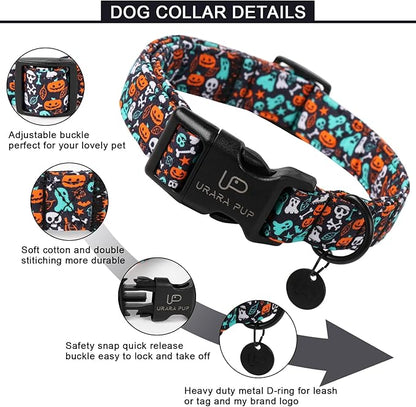 Halloween Dog Collar, UP URARA PUP Cotton Skull Ghost Dog Collar for Small Dog, Fall Pet Collar with Halloween Elements Pattern, Adjustable Puppy Collar,XS,Neck 8-12in