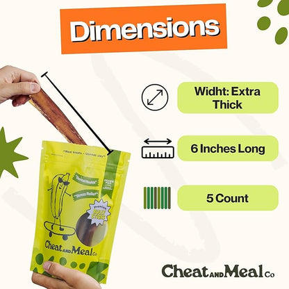 Bully Sticks for Large Dogs, (6 Inch, 5 Count), Dog Chew Toy for Aggressive Chewers Single Ingredient, 100% Beef Pizzle, Grass-Fed, Rawhide-Free, Grain-Free