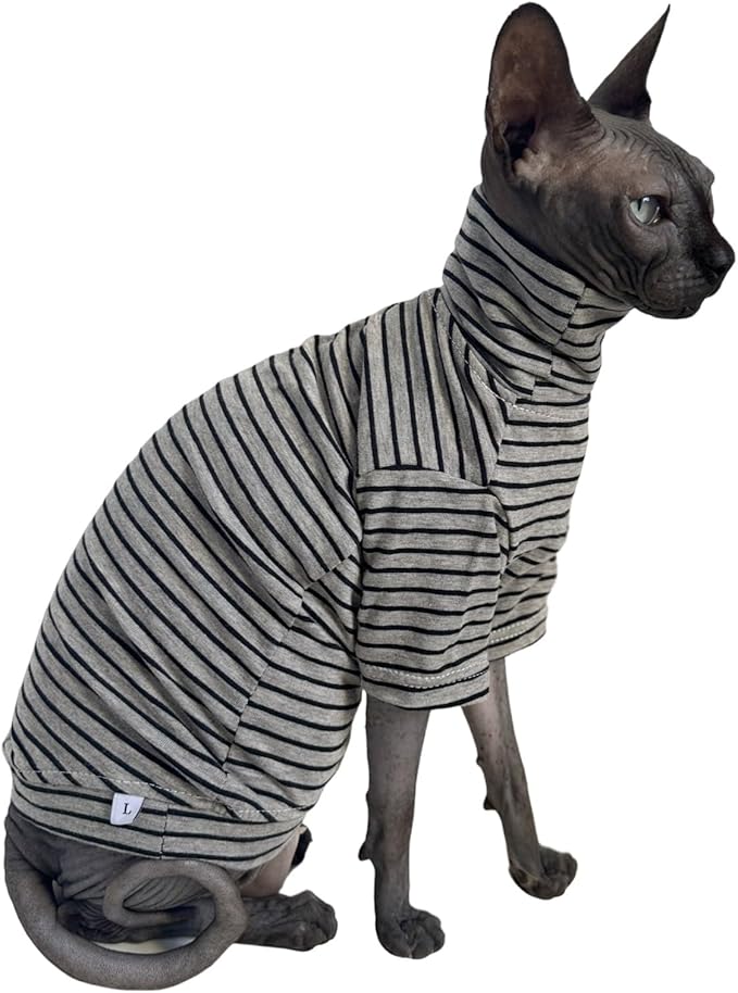 Vintage Stripes Sphynx Hairless Cats Shirt Cotton Cat Turtleneck Pet Clothes Kitten T-Shirts with Sleeves for Sphynx Cornish Rex, Devon Rex, Peterbald (Grey Stripe, Small (Pack of 1))