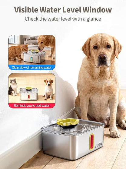SIBAYS 4Gal/15L Stainless Steel Large Dog Water Fountain, Ultra Quiet Automatic Pet Water Fountain, Dog Water Bowl Dispenser with Water Level Window and LED Light, Easy to Clean(FS78, Silver-Yellow)