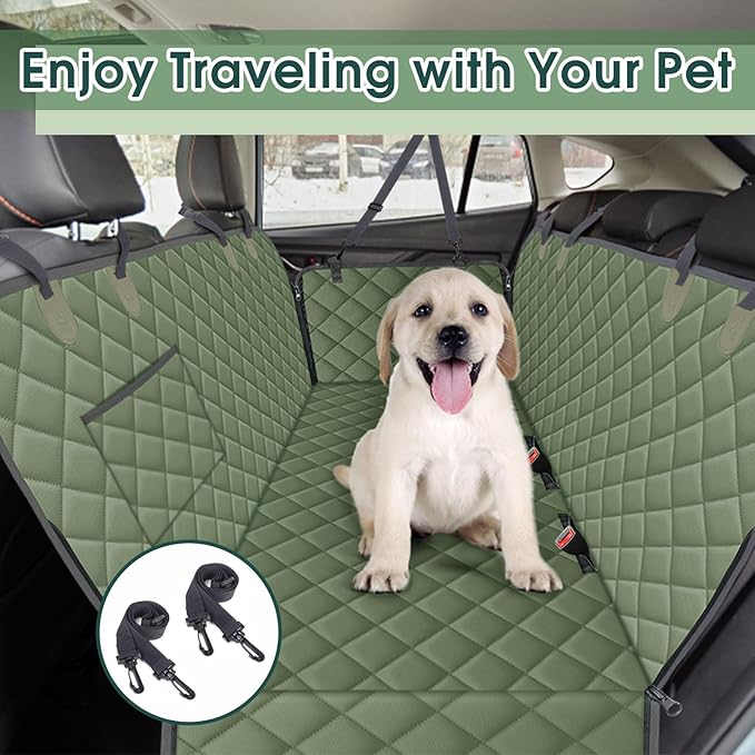 NECKORY Waterproof Dog Car Seat Cover for Back Seat - Durable, Scratch Proof Pet Hammock with Nonslip Design & Storage Pockets, Fits Cars, SUVs, Trucks- S, Green