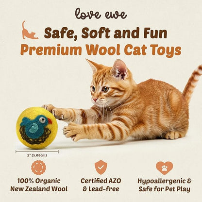 Hustle & Blush Love Ewe Felted Cat Toys 3 Pack - 2 Inch Fish & Bird Hand Made Cute & Fun Design Kitten Wool Felt Balls for Indoor Play & Exercise - 100% New Zealand Handmade Felted Balls
