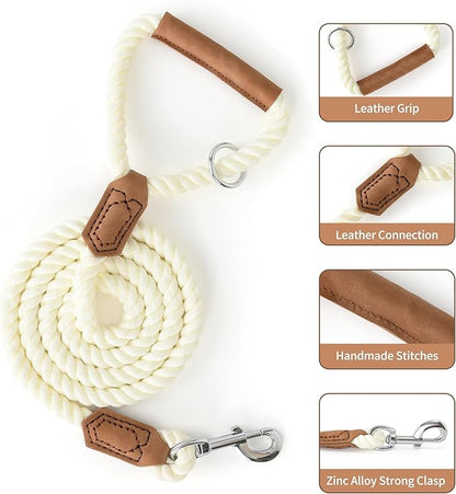 Mile High Life Dog Leash, Braided Cotton Rope Leashes with Leather Handle - Heavy Duty Metal Clasp, 6FT, 1/2" Thick - Wedding, Walking & Training Leash for Small Medium Large Dogs (White)