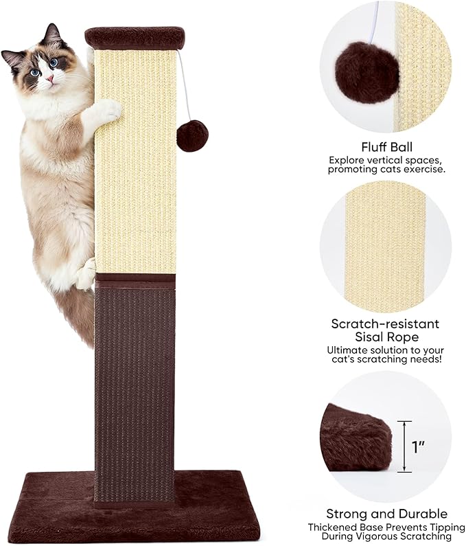 YULOYI Cat Scratching Post, 32 Inch Cat Scratching Post for Large Cats, Cat Scratcher with Nature Sisal, Cat Scratch Post for Indoor Large Cats and Kitten, Brown