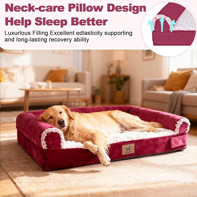 PAWPUBBY Medium-Sized Orthopedic Dog Bed - Washable Rose Velvet Cover, Waterproof Lining, Memory Foam Dog Couch, Non-Slip Base, Sofa Dog Bed for Corgis, Pomeranians, French Bulldogs (Rose Pink, L)