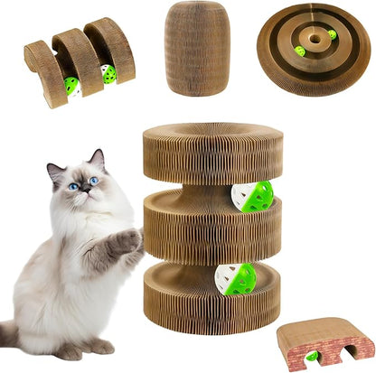Kitty Kurlz Cat Toy, Magic Organ Cat Scratcher Board with 2 Bell Balls,Twisty Paws Cat Toy Foldable＆Changeable, Interactive Kitty Curls for Indoor Cats Physical & Mental Exercise-Coffee Brown