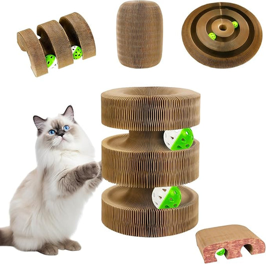 Kitty Kurlz Cat Toy, Magic Organ Cat Scratcher Board with 2 Bell Balls,Twisty Paws Cat Toy Foldable＆Changeable, Interactive Kitty Curls for Indoor Cats Physical & Mental Exercise-Coffee Brown