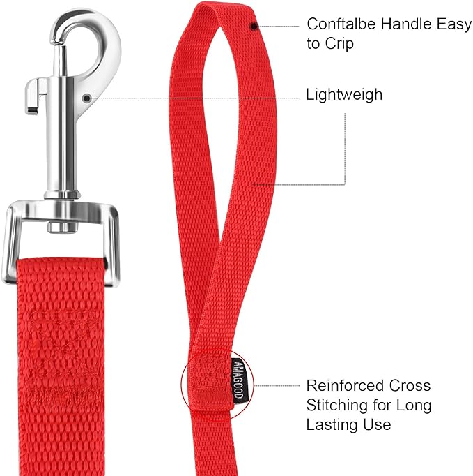 AMAGOOD 6 FT Puppy/ Dog Leash, Strong and Durable Traditional Style Leash with Easy to Use Collar Hook, Great for Small, Medium and Large Dogs (1 in x 6 ft, Red)