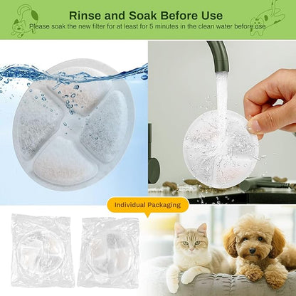 5 Pack Cat Fountain Filter Replacement for Round 2.2L/73oz Automatic Pet Water Fountain, Stainless Steel Cat Water Fountain Filters, Triple Filtration System, Activated Carbon Filters