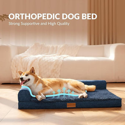 Patas Lague Orthopedic XL Dog Bed Large Sized Dog 48''X30'', Waterproof L Bolster Big Large Pet Sofa Beds with Removable Washable Cover, Soft Comfortable Pet Couch Crate Mat with Nonskid Bottom, Navy