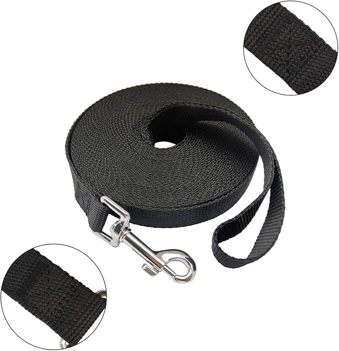 Nylon Training Dog Leash for Small Medium Large Dogs, 15ft 20ft 30ft 50ft Long Leash Dog/Puppy Lead for Obedience Recall Training, Camping (30ft, Black)