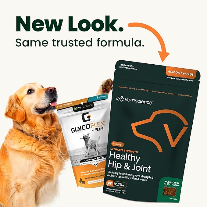 VetriScience Ultimate Strength Healthy Hip & Joint Chews, GlycoFlex Glucosamine, Chondroitin and Green-Lipped Mussel Joint Support Supplement for Dogs, Soothe Joint Discomfort, Duck, 60 Count