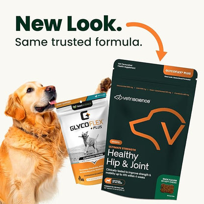 VetriScience Ultimate Strength Healthy Hip & Joint Chews, GlycoFlex Glucosamine, Chondroitin and Green-Lipped Mussel Joint Support Supplement for Dogs, Soothe Joint Discomfort, Duck, 60 Count