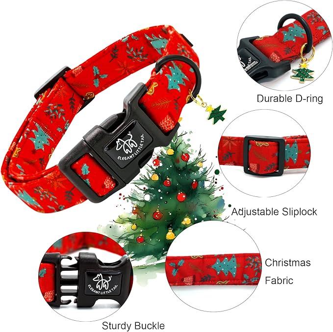 Elegant littlle Tail Christmas Dog Collar, Red Pet Collars Soft Cotton Winter Dog Collar with Quick Release Buckle Pet Puppy Collars for Small Medium Large Dogs