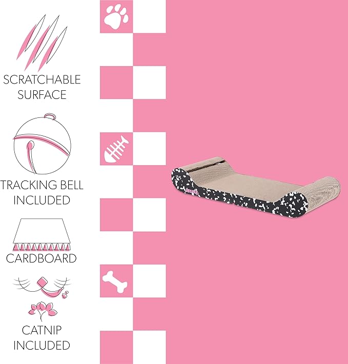 The LICKER Store CSR1003B Rini 23.75" Modern Cardboard Lounge Bed Cat Scratcher with Built-in Bell Toys and Catnip, Black/White