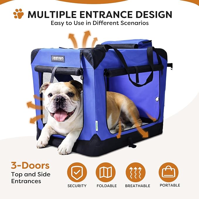 JESPET Soft Dog Crates Kennel for Pets, 3 Door Soft Sided Folding Travel Pet Carrier with Straps and Fleece Mat for Dogs, Cats (Royal Blue, Large(30" L x 21" W x 23" H))