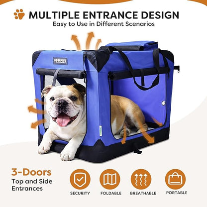 JESPET Soft Dog Crates Kennel for Pets, 3 Door Soft Sided Folding Travel Pet Carrier with Straps and Fleece Mat for Dogs, Cats (Royal Blue, Large(30" L x 21" W x 23" H))