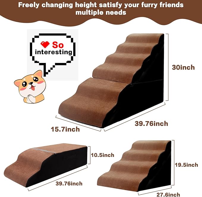 MALOROY Dog Steps for High Beds 30-32" H - 6-Step Dog Stairs for Small Dogs, 33D Foam Pet Steps for High Bed with Non-Slip Bottom and Washable Cover, Dogs Ramp for Bed Indoor, Brown