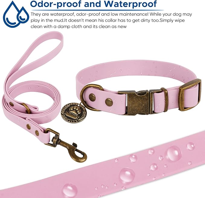 Wisedog Dog Collar and Leash Set, Waterproof Adjustable Puppy Collars with Cute Tag 4FT Dog Leash with Poop Bag for Small Medium Large Dogs (S, Pale Pinkish Purple)