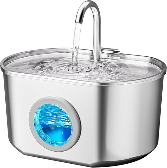 Cat Water Fountain Stainless Steel: 74oz/2.2L Cat Fountain for Drinking- Pet Water Fountain Inside - Automatic Dog Watering Dispenser Bowl - Pet Feeding & Watering Supplies - Water Level Window