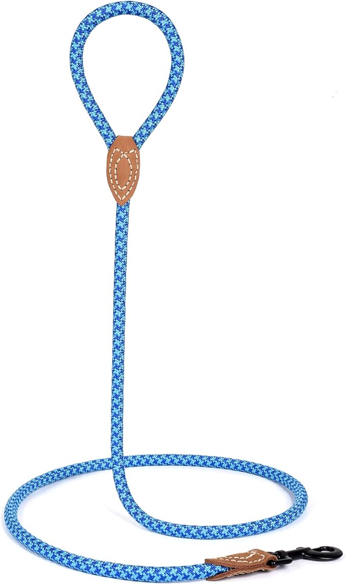 Mile High Life | Mountain Climbing Dog Rope Leash with Heavy Duty Metal Sturdy Clasp | Genuine Leather Tailored Connection with Strong Stitches (Sky Blue Hot Blue, 60 Inch (Pack of 1))