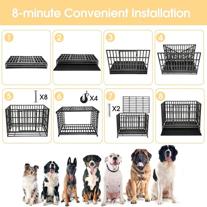 SHUSHIM Enhanced Heavy Duty Dog Kennel Crate Cage with Strong Metal Frame, Double Doors and Lockable Wheels, for Extra Large Dog Breeds, Pet Playpen (Square, 48 inch)