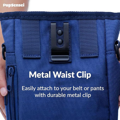 PupSensei Dog Treat Pouch for Training – Magnetic Dog Treat Bag with Belt Clip & Poop Bag Dispenser – Hands Free Carry Pouch with Auto-Close Access & Shoulder Strap – Durable Pet Gear – Navy Blue