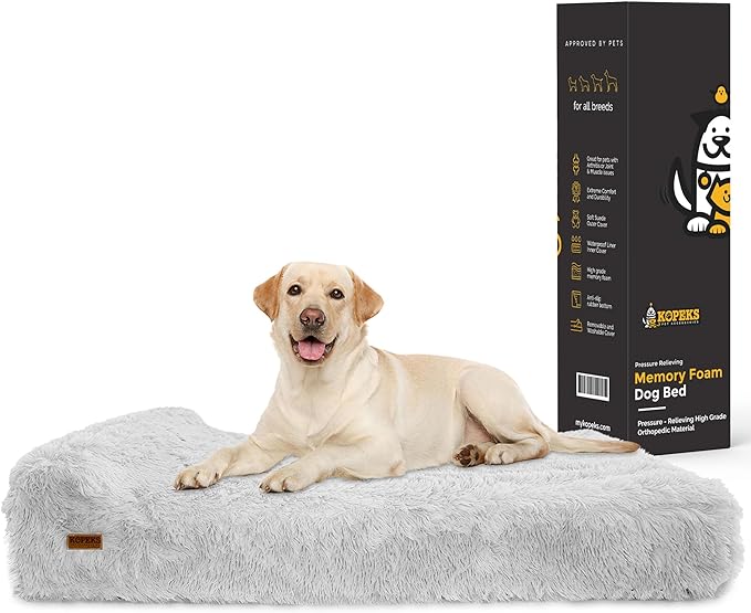 KOPEKS Orthopedic Memory Foam Dog Bed 7" Inch Thick Extra Large Dog Bed with Pillow Fluffy Grey 50"x34"x10" Includes Waterproof Liner & Durable Removable Cover with Smart Design