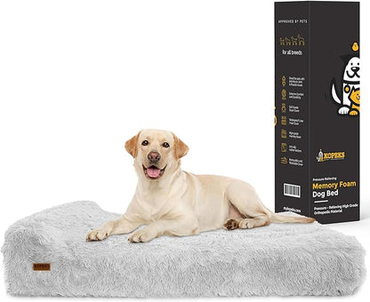KOPEKS Orthopedic Memory Foam Dog Bed 7" Inch Thick Extra Large Dog Bed with Pillow Fluffy Grey 50"x34"x10" Includes Waterproof Liner & Durable Removable Cover with Smart Design