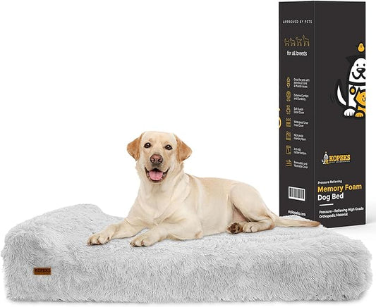 KOPEKS Orthopedic Memory Foam Dog Bed 7" Inch Thick Extra Large Dog Bed with Pillow Fluffy Grey 50"x34"x10" Includes Waterproof Liner & Durable Removable Cover with Smart Design