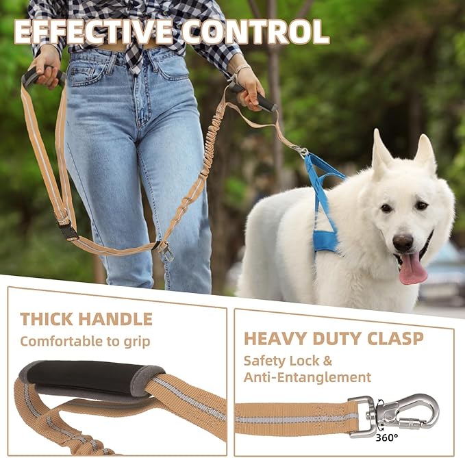 PUPTECK Heavy Duty Bungee Dog Leash for Medium Large Dogs, No Pull Tactical Dog Leashes with Double Handles for Training, Reflective Dog Leash with Car Seatbelt and Quick Release Buckle, Moccasin