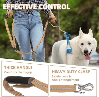 PUPTECK Heavy Duty Bungee Dog Leash for Medium Large Dogs, No Pull Tactical Dog Leashes with Double Handles for Training, Reflective Dog Leash with Car Seatbelt and Quick Release Buckle, Moccasin