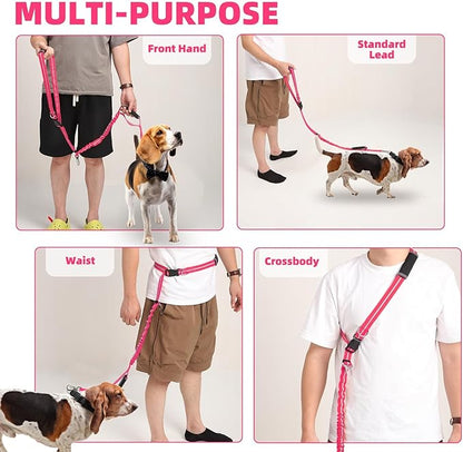PUPTECK Heavy Duty Bungee Leash for Medium Large Dogs, No Pull Tactical Dog Leash with Double Handles for Training, Reflective with Car Seatbelt and Quick Release Buckle, Pink