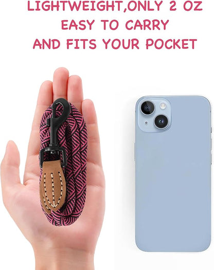 Mile High Life Small Dog Leash, Thin Rope Leash with Genuine Leather Connection and Heavy Duty Metal Clasp, Great for Small Medium Dogs(Pink,72 Inch-1/3)
