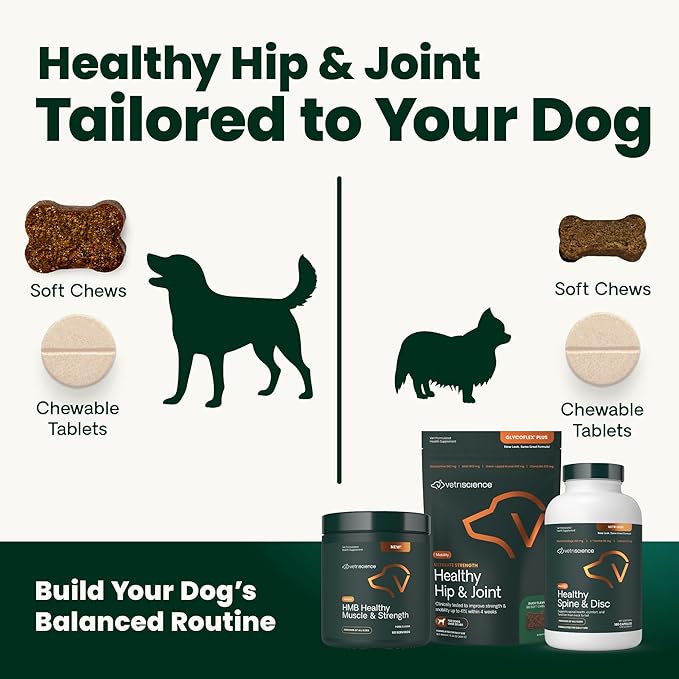VetriScience Ultimate Strength Healthy Hip & Joint Chews, GlycoFlex Glucosamine, Chondroitin and Green-Lipped Mussel Joint Support Supplement for Dogs, Soothe Joint Discomfort, Duck, 60 Count