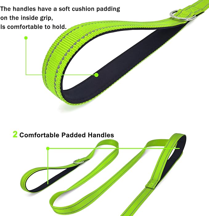 6 FT Dog Leash with 2 Padded Handle Nylon Reflective Dogs Leashes for Small Medium Large Dogs Green