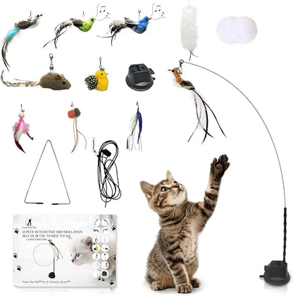 CUTIE PAW PAL Interactive Bird Simulation Cat Feather Toy Set - Suction Cup Cat Toys for Indoor Cats, Natural Feathers, Bells & Easy Clip-On, Perfect for Indoor Cats - 2 Free Pads, Suctions to Ground