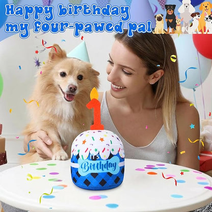 Dog 1st Birthday Cake Toy Accessories for Girl Boy Gifts, Blue Grid Squeaky Plush Toy for Dog Birthday Party Decor Favor for Large, Medium and Small Dogs