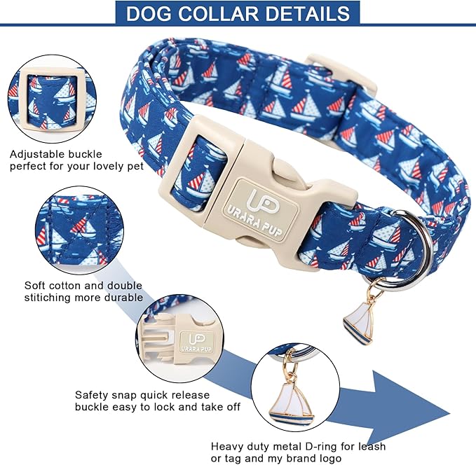 UP URARA PUP USA Flag Dog Collar, 4th of July Comfortable Cotton Dog Collars, American Flag Collar for Medium Girl Boy Dogs, Patriotic Collars with Sailboats Pattern